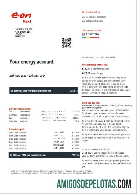 Conta de serviços públicos de gás e eletricidade Eon do Reino Unido em formatos Word e PDF, versão 7 exemplo